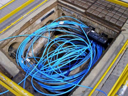 Fibre-optic cable in a Telstra pit